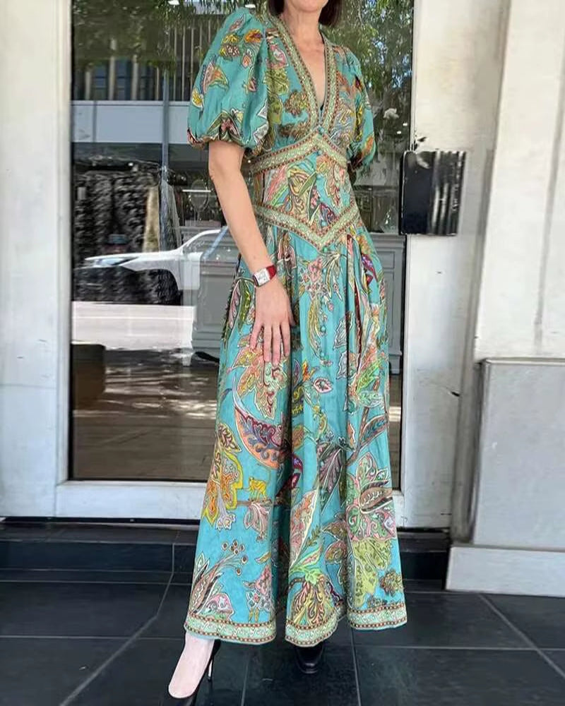 Vintage Lantern Sleeve V Neck Maxi Women Babyoung Printing Chic Party Dress, 2025 Spring Summer Ladies Casual Dresses