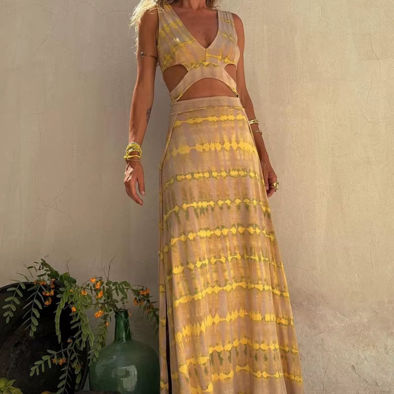 Elegant Sleeveless Split Long Dress for Women – High Waist, Hollow Out, Printed Party & Vacation Dress