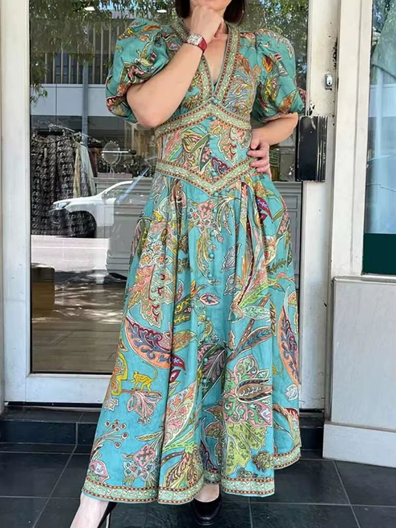 Timeless Grace: Vintage Lantern Sleeve V Neck Maxi Dress