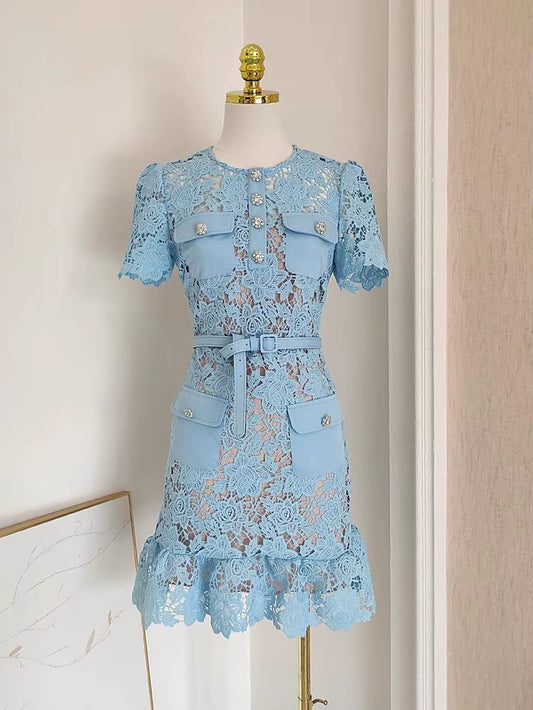 Elegant Summer Lace Dress for Women with Floral Embroidery, Diamond Buttons, Belted Waist, and Ruffle
