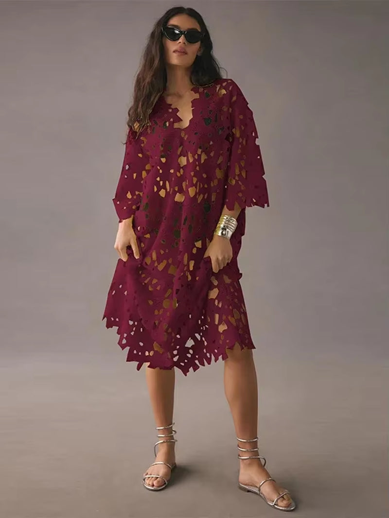 Seductive Elegance: Sexy Lace Hollow Out V-Neck Beach Dress
